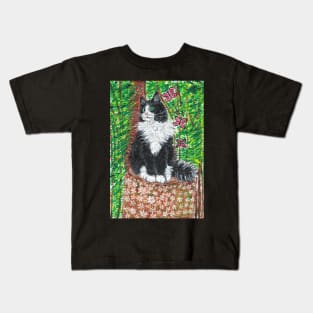 Fluffy Tuxedo cat forest Kids T-Shirt